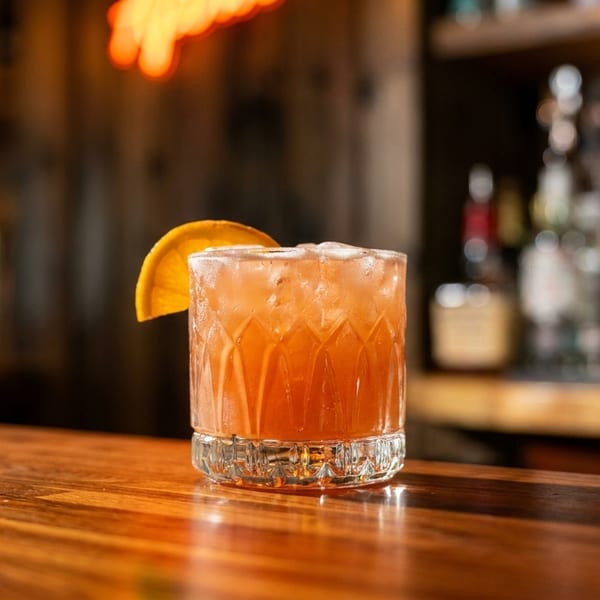 A vibrant orange cocktail with ice and an orange slice sits on a wooden bar.