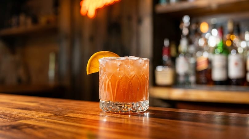 A vibrant orange cocktail with ice and an orange slice sits on a wooden bar.